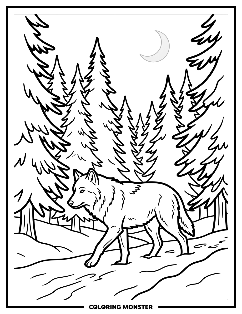 Wolf in Snowy Forest Coloring Page