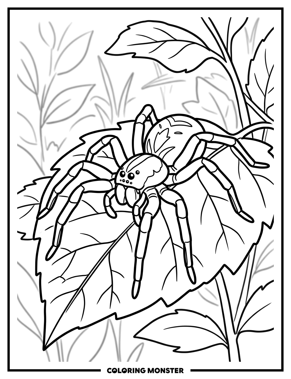 Wolf Spider on Green Leaf Coloring Page