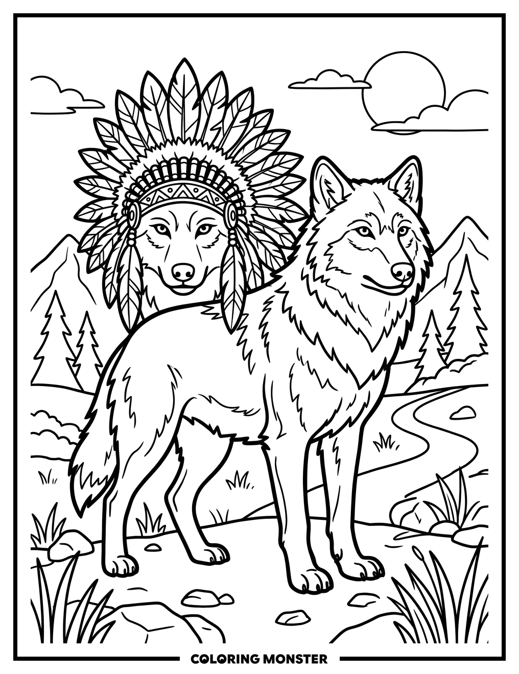 Wolf With Feather Headdress Coloring Page