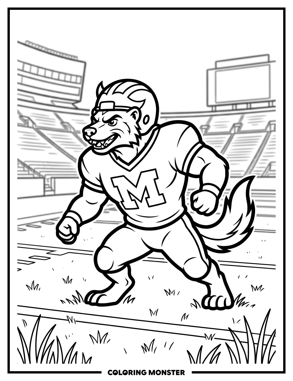 Wolverine Mascot on Football Field Coloring Page
