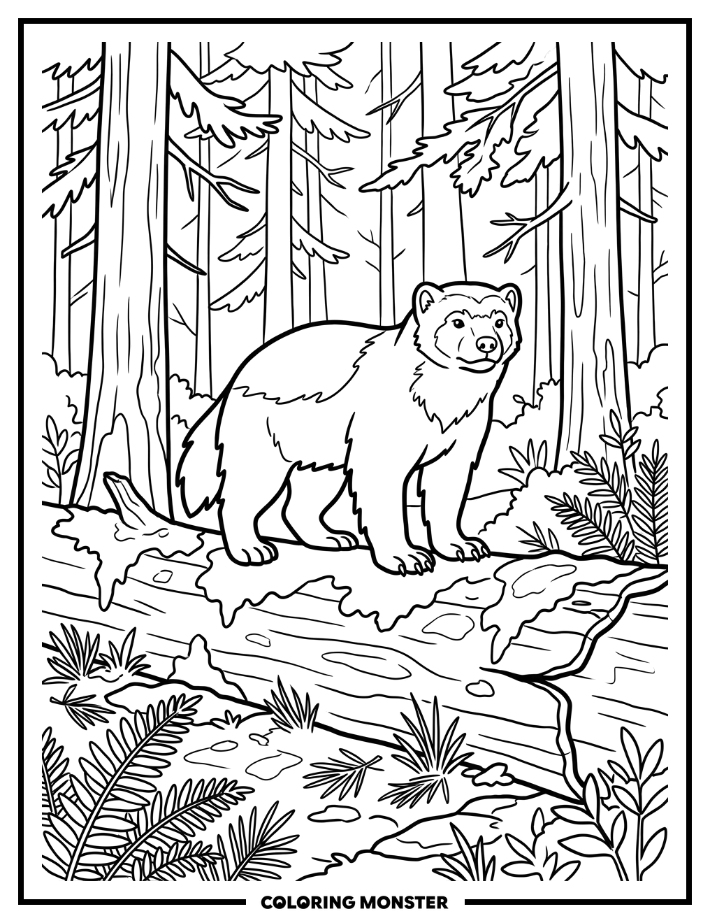Wolverine on a Mossy Log Coloring Page