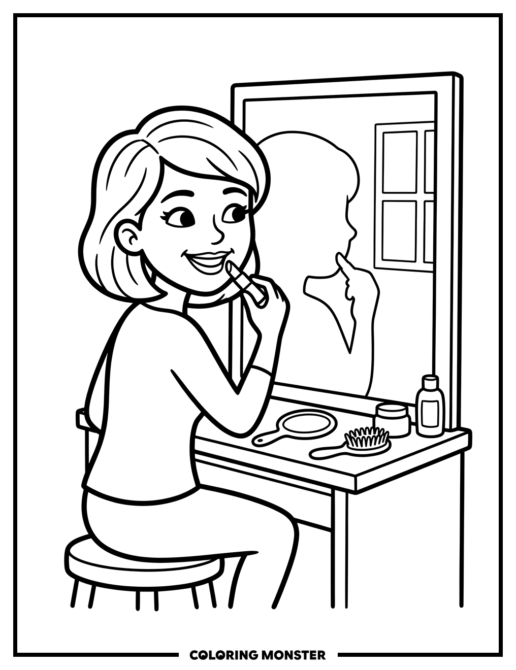 Woman Applying Lipstick at Vanity Coloring Page