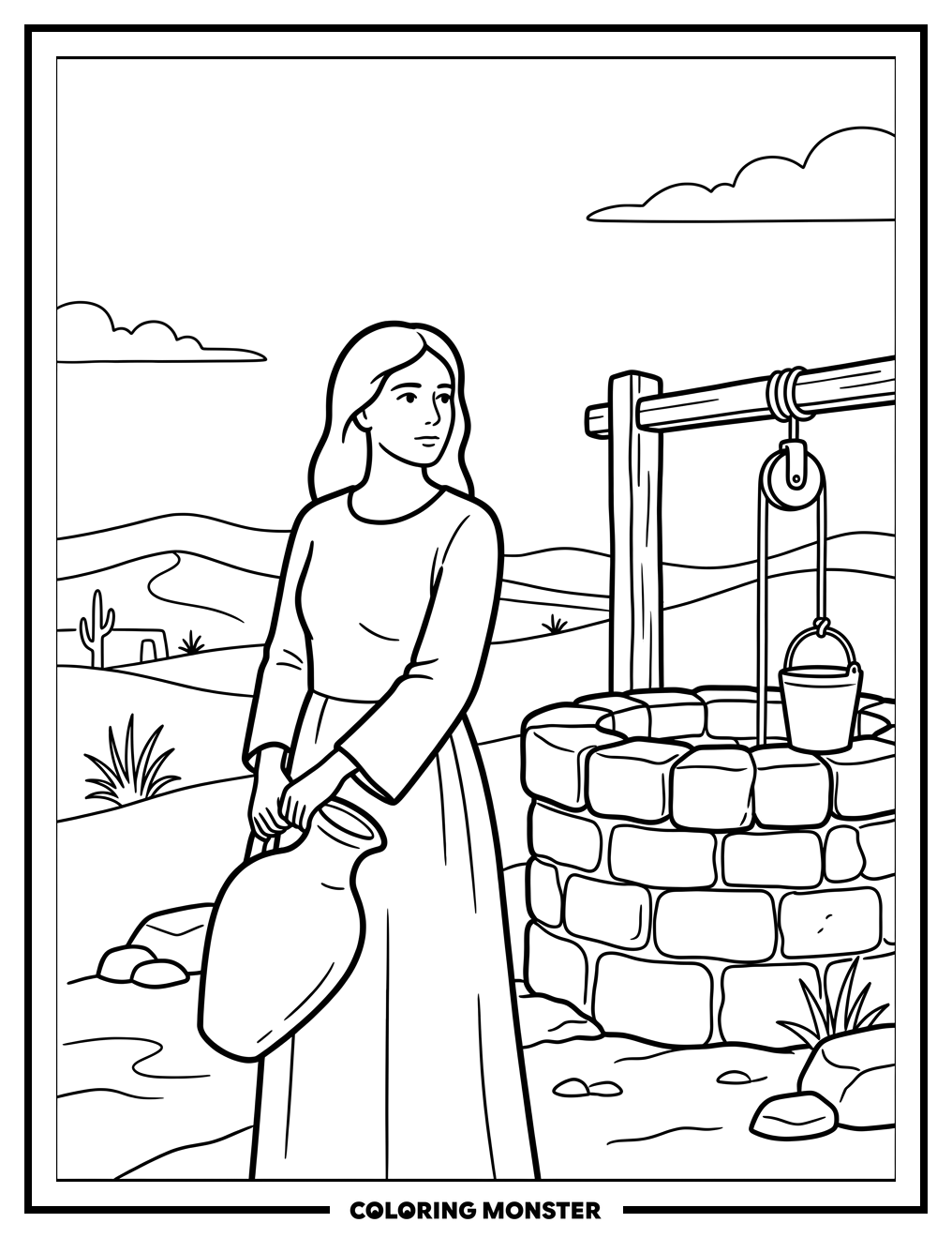 Woman Beside Desert Well Coloring Page