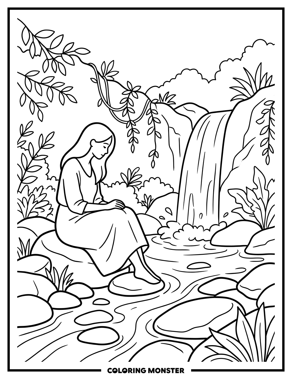 Woman Beside Waterfall Coloring Page