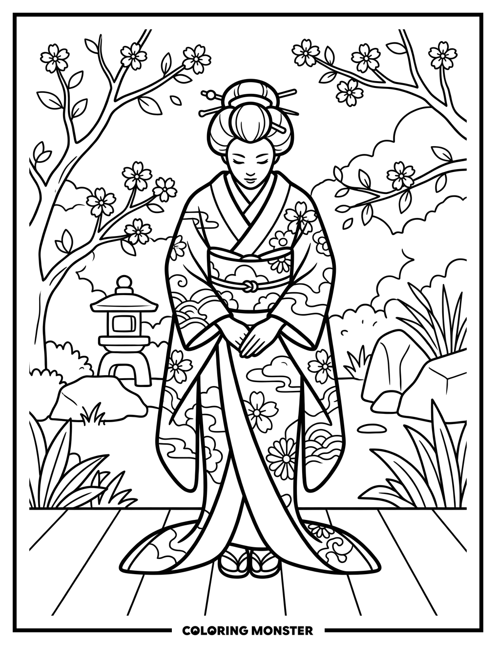 Woman Bowing in Kimono Coloring Page