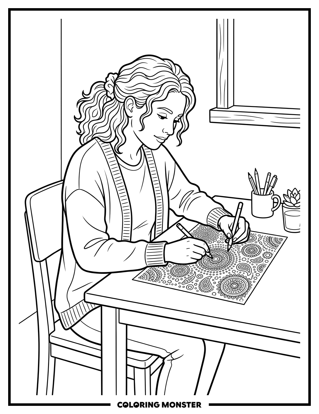 Woman Coloring Intricate Dot Pattern Coloring Page