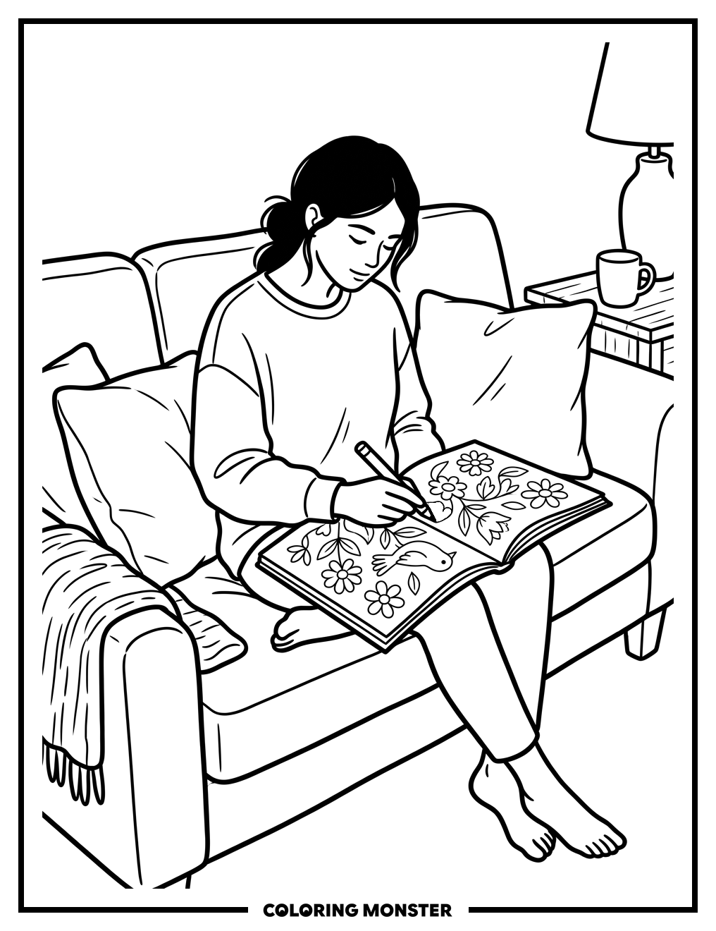 Woman Coloring on Couch Coloring Page