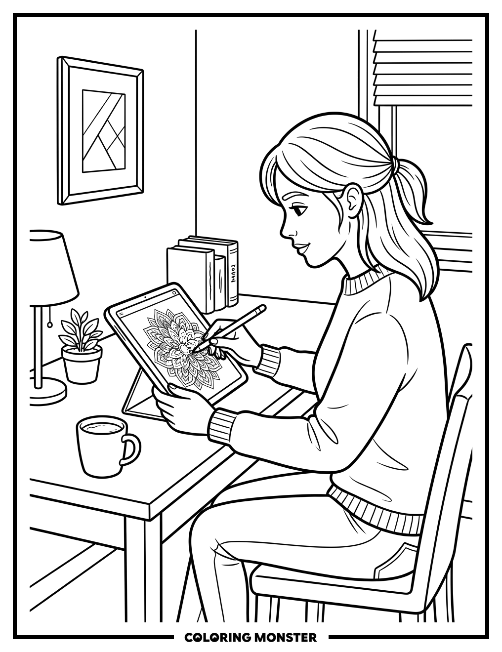 Woman Coloring on Digital Tablet Coloring Page