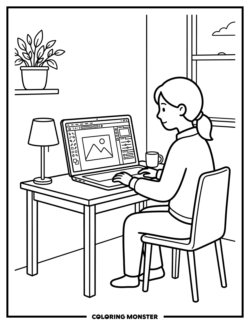 Woman Editing Photos on Laptop Coloring Page