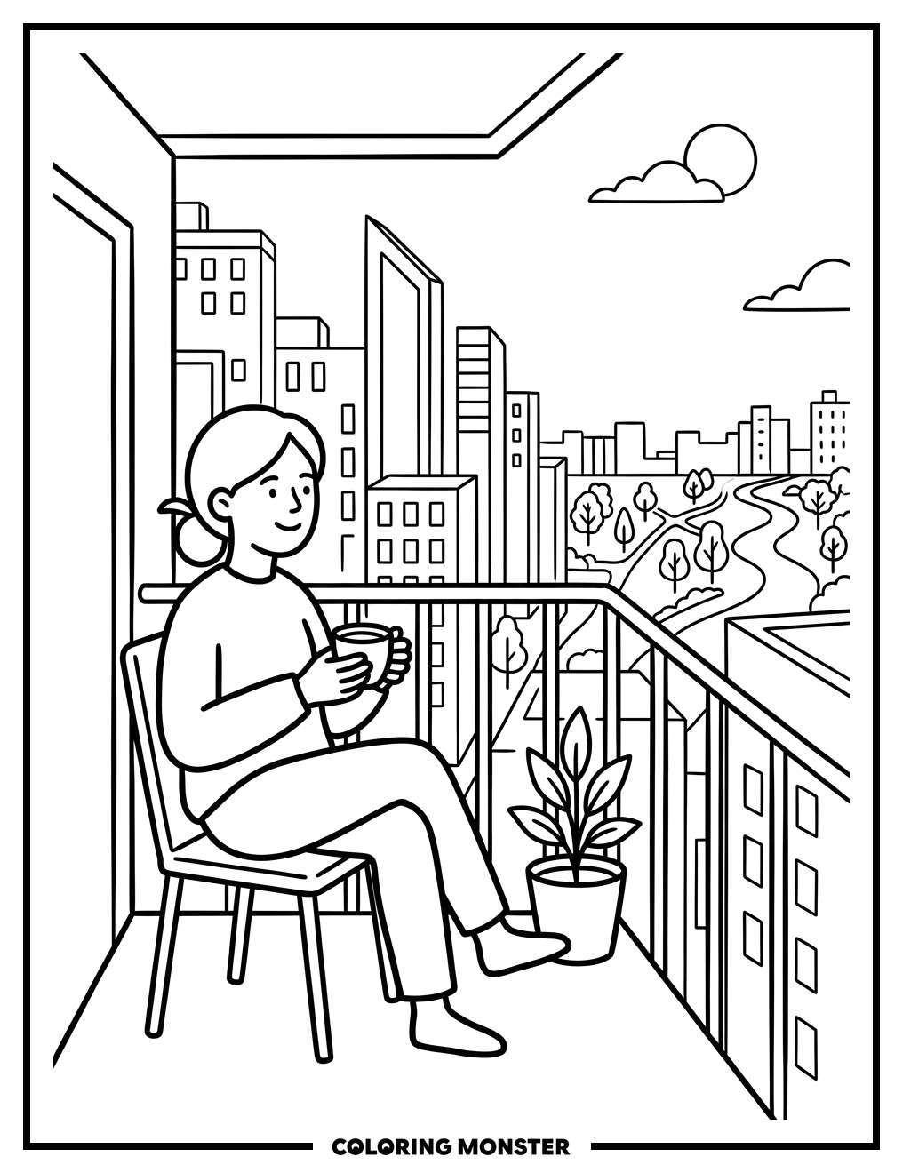 Woman Enjoying Coffee on City Balcony Coloring Page