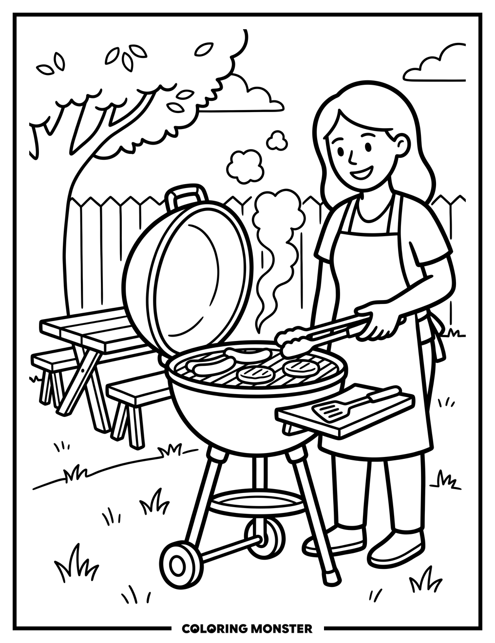 Woman Grilling in Backyard Coloring Page