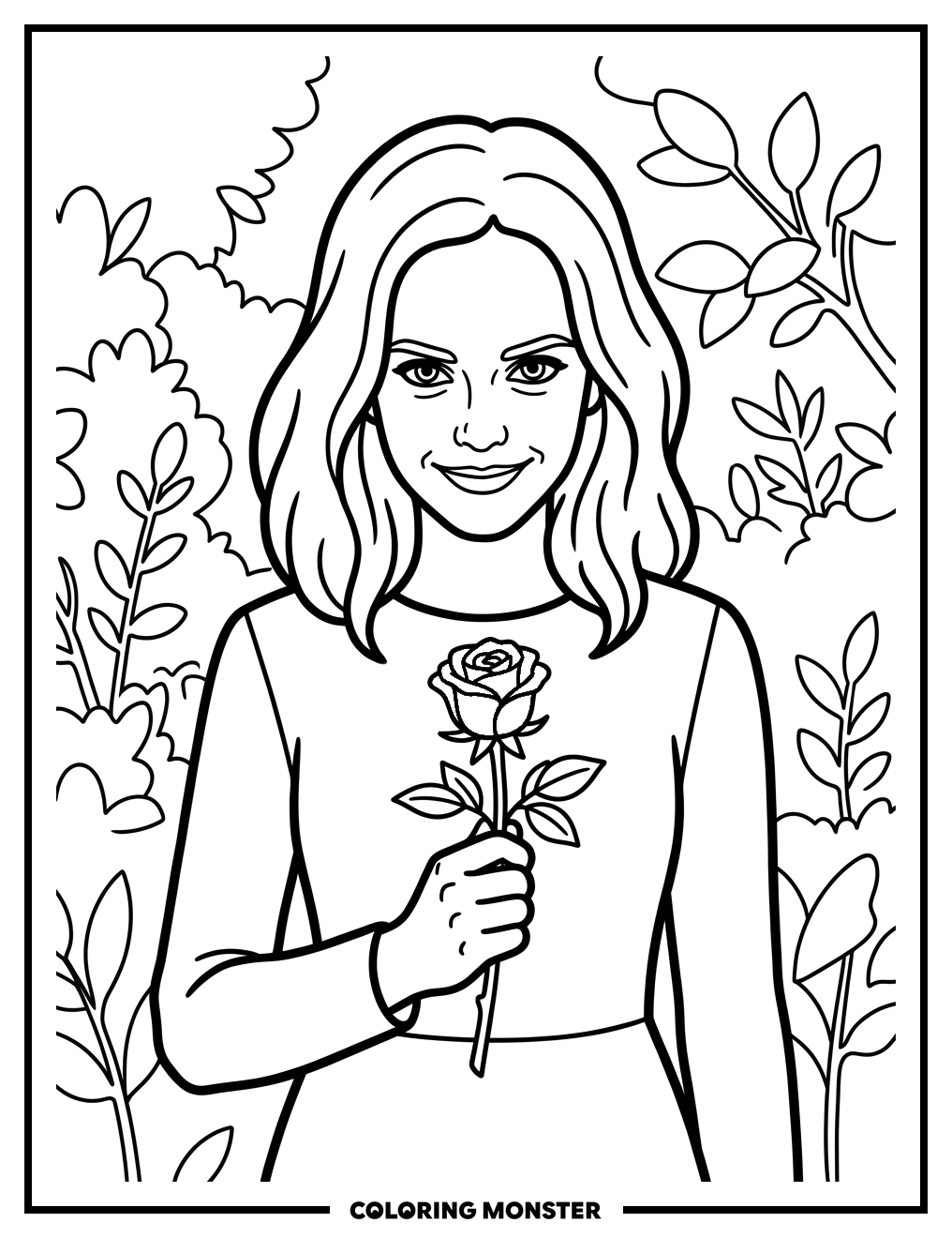 Woman Holding A Red Rose Coloring Page