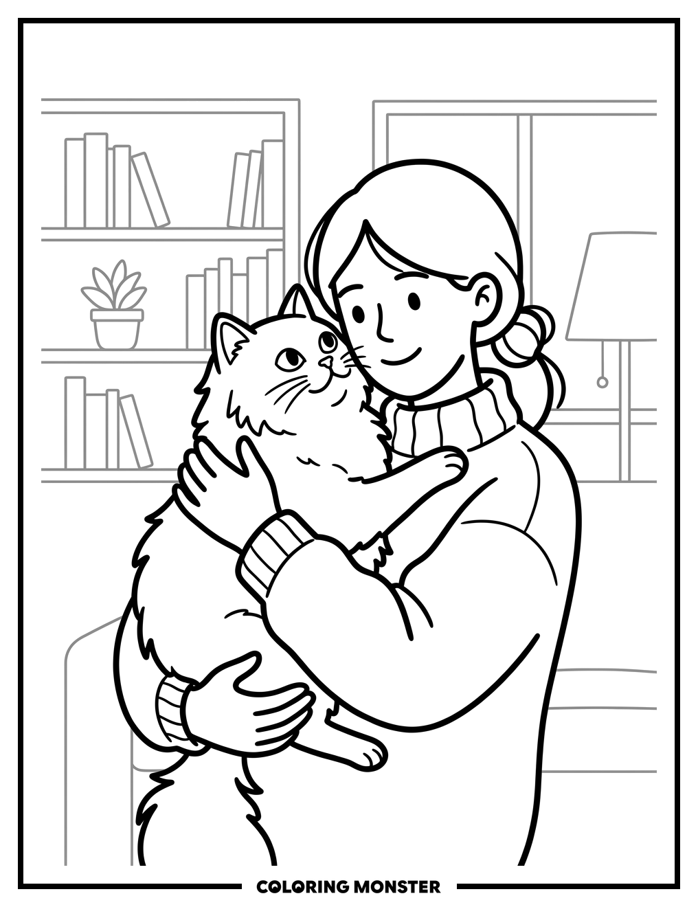 Woman Hugging Fluffy Cat Coloring Page