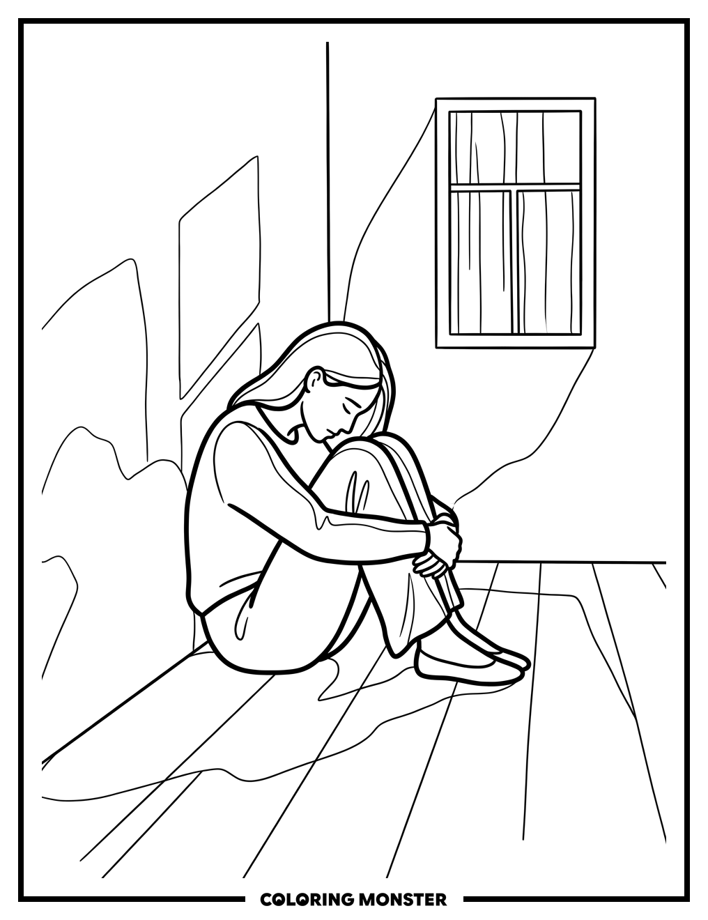 Woman in Dimly Lit Room Coloring Page