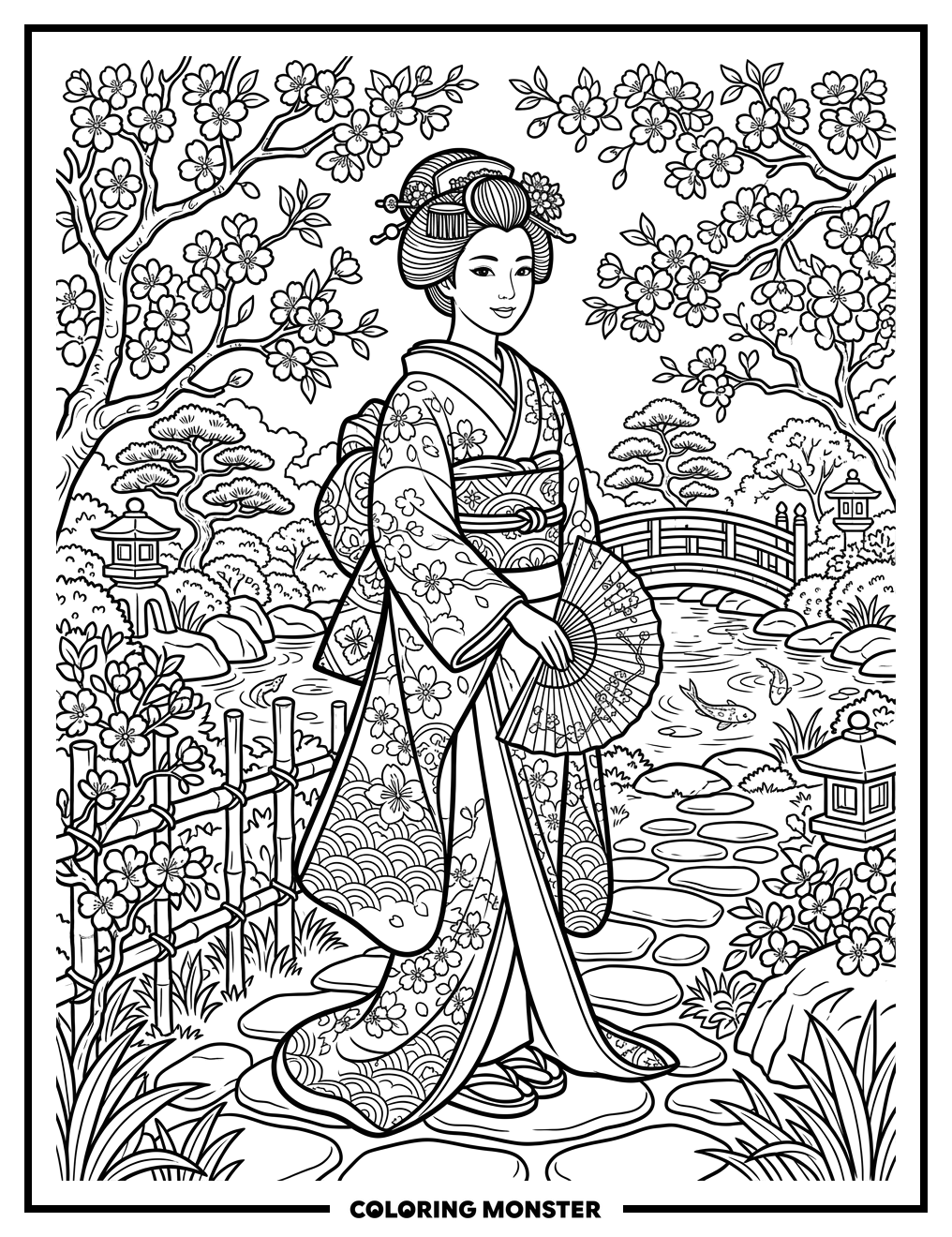 Woman in Kimono at Cherry Blossom Garden Coloring Page