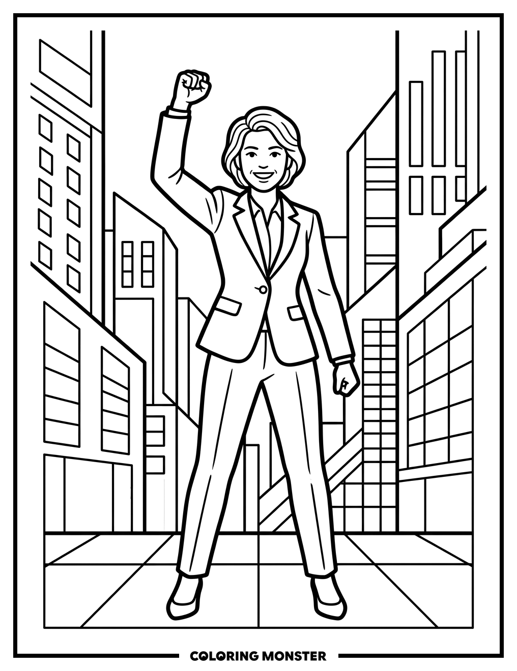 Woman in Power Suit Celebrating Coloring Page