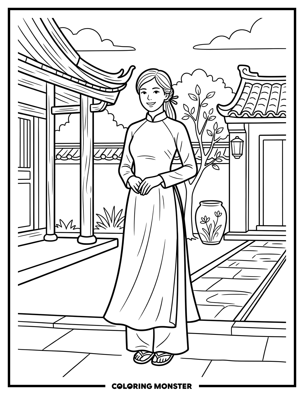 Woman in Vietnamese Ao Dai Coloring Page