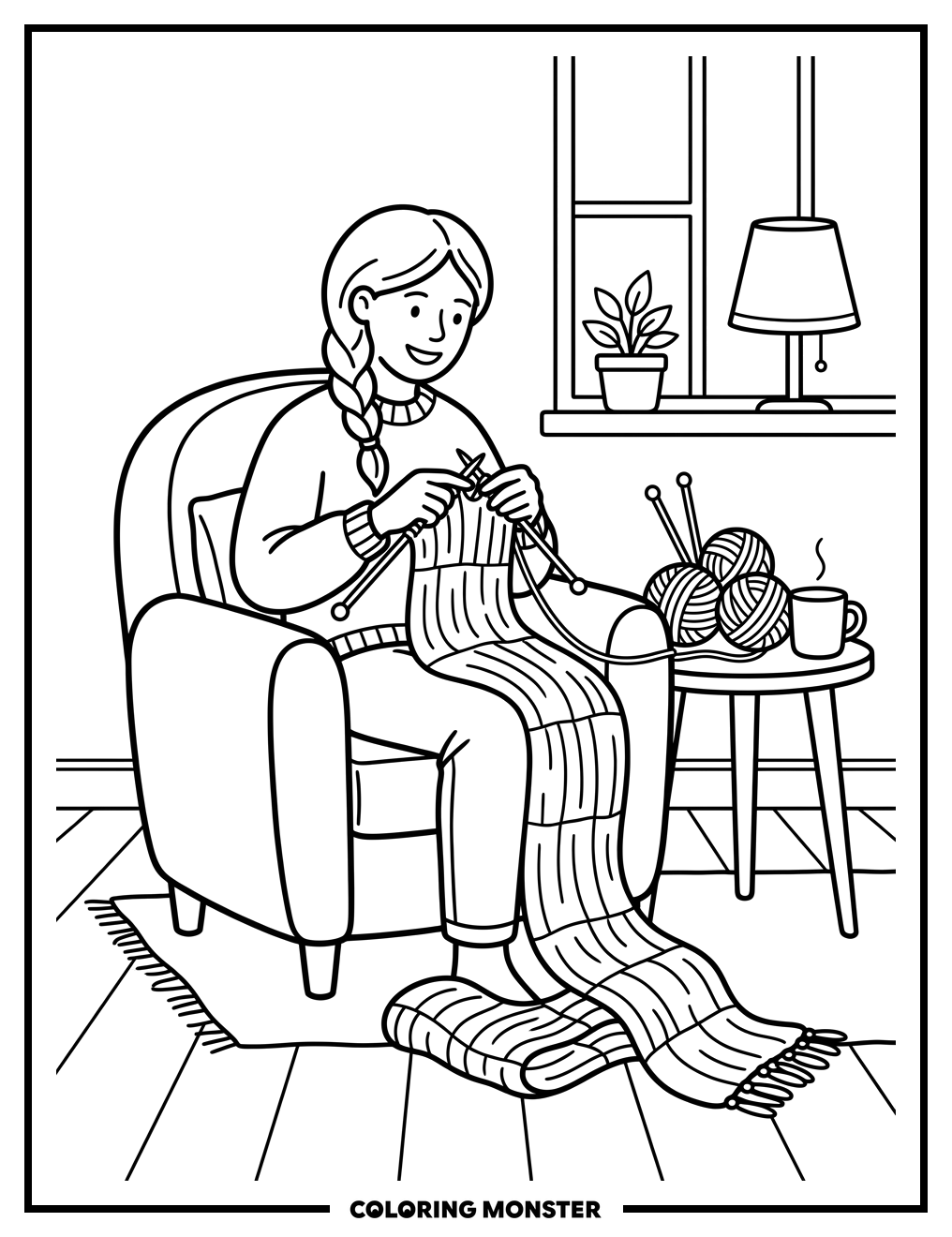 Woman Knitting a Scarf Coloring Page
