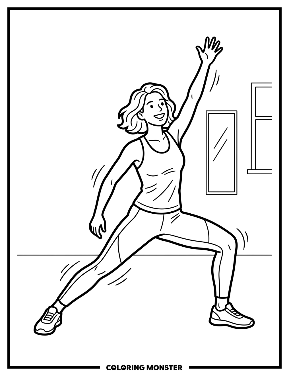 Woman Lunging in Aerobics Class Coloring Page