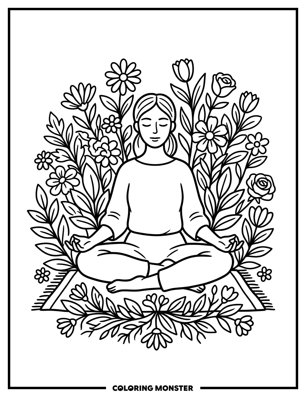 Woman Meditating Among Flowers Coloring Page