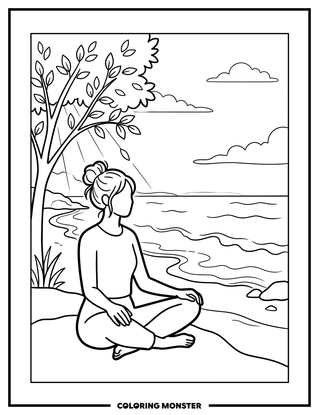 Woman Meditating by the Ocean Coloring Page