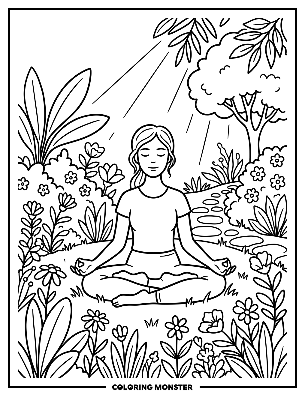 Woman Meditating in a Garden Coloring Page