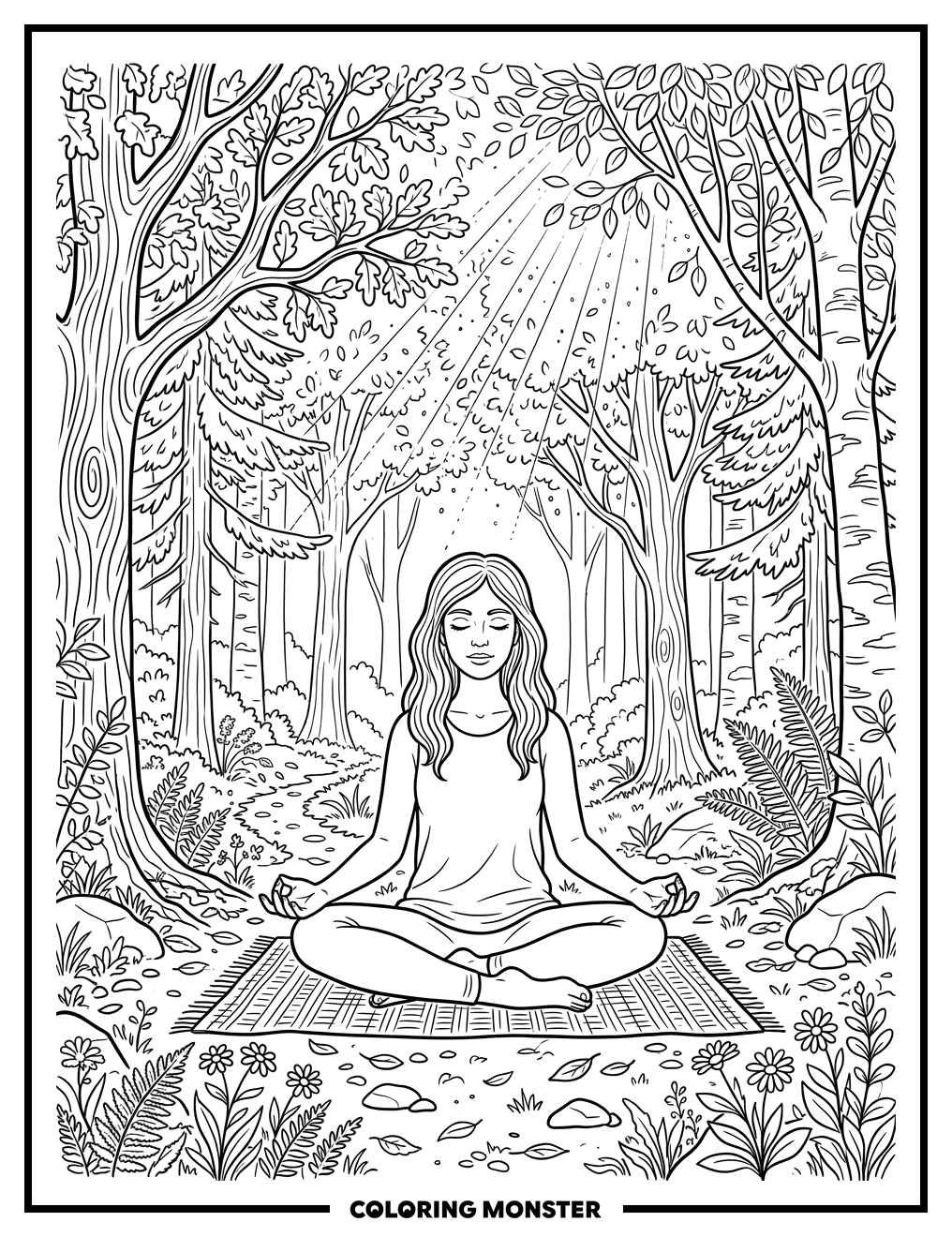 Woman Meditating in Forest Coloring Page