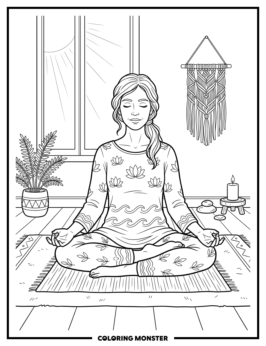 Woman Meditating in Lotus Pose Coloring Page