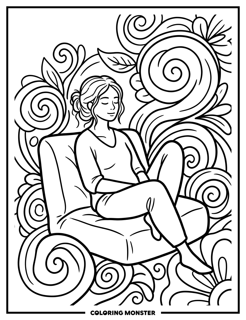 Woman Meditating in Patterned Space Coloring Page