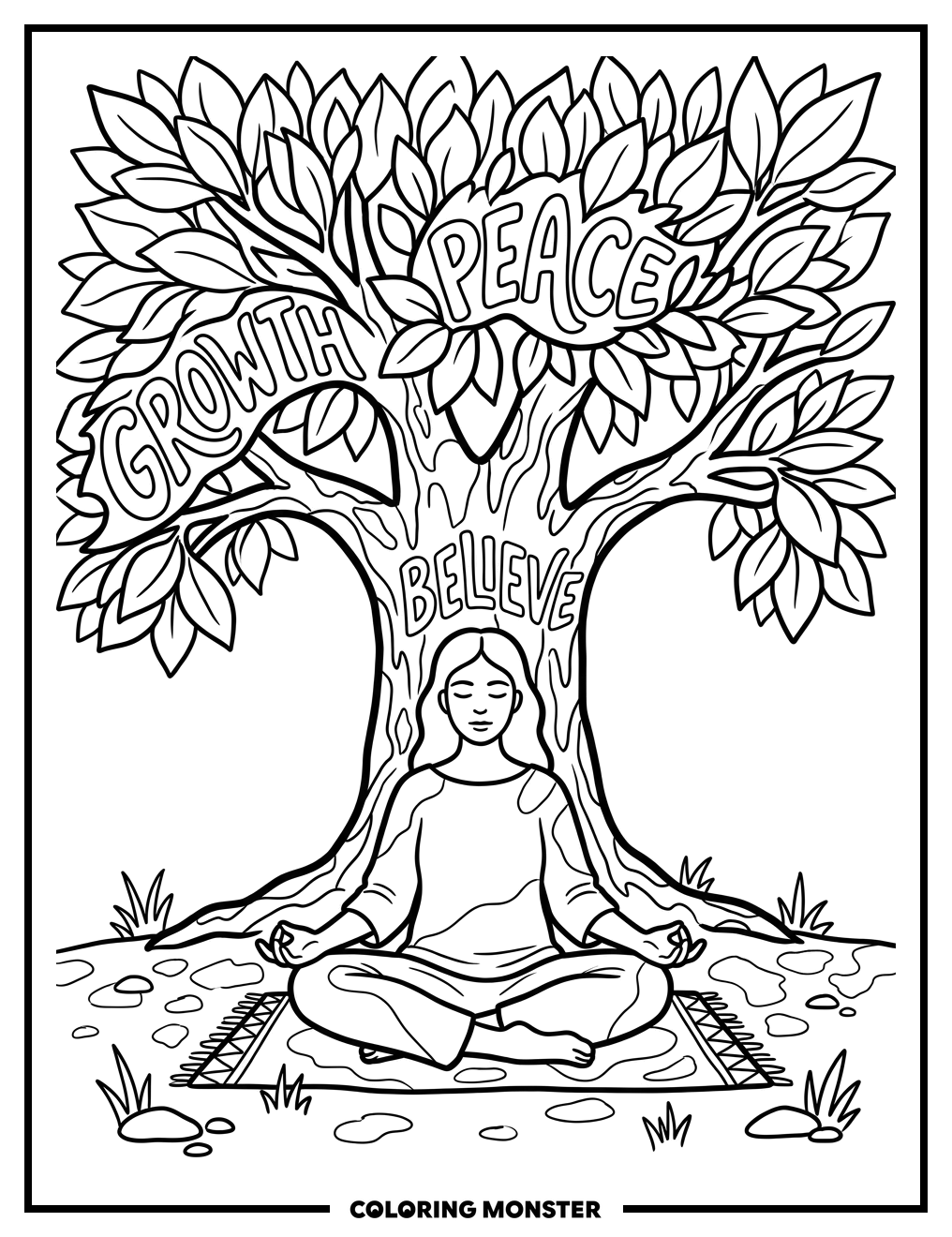 Woman Meditating Under Tree Coloring Page