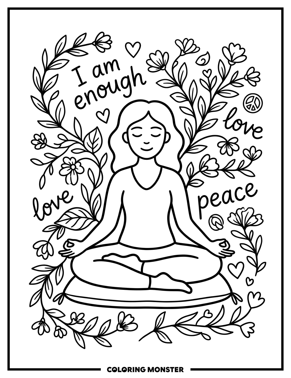 Woman Meditating with Affirmations Coloring Page