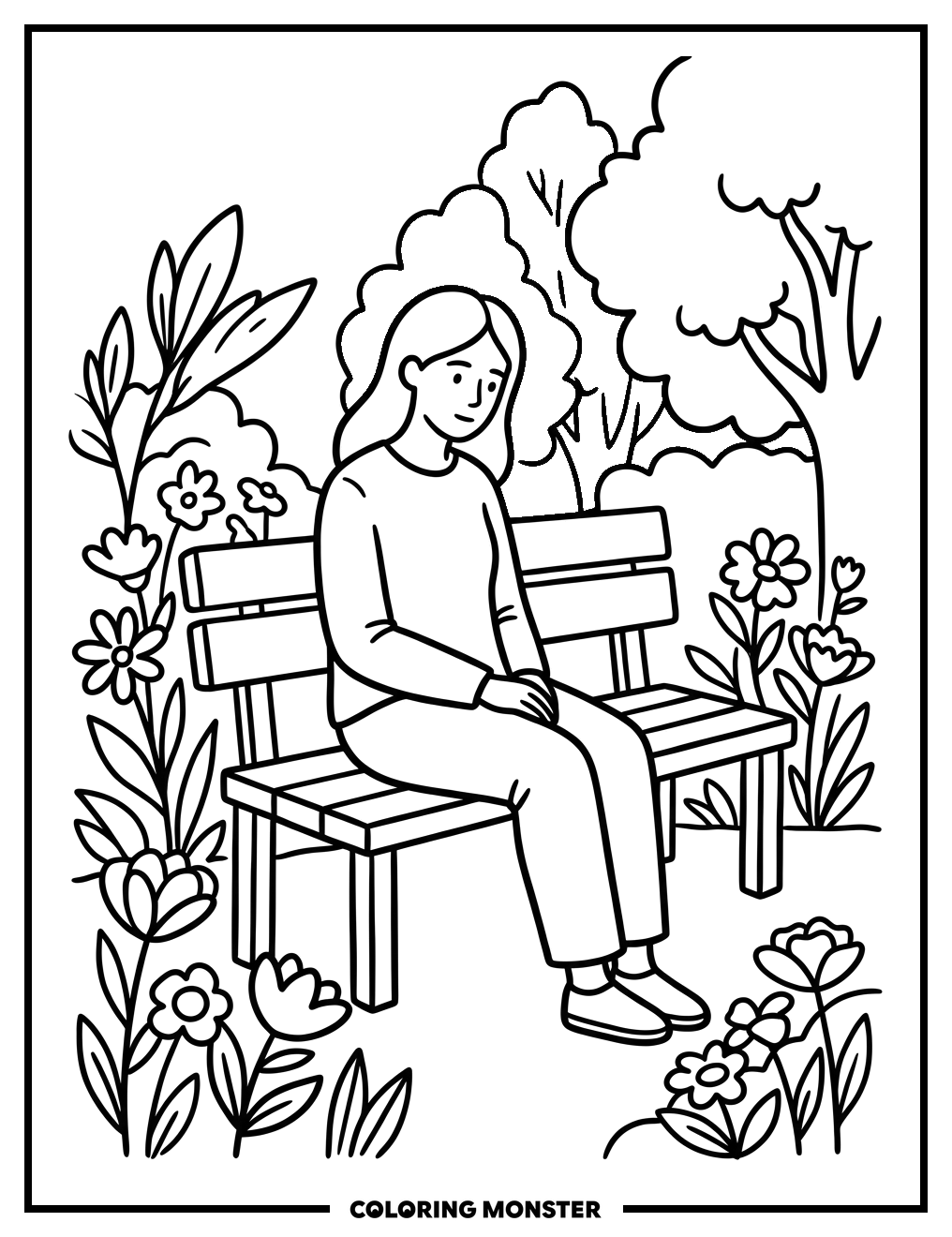 Woman on Park Bench Coloring Page
