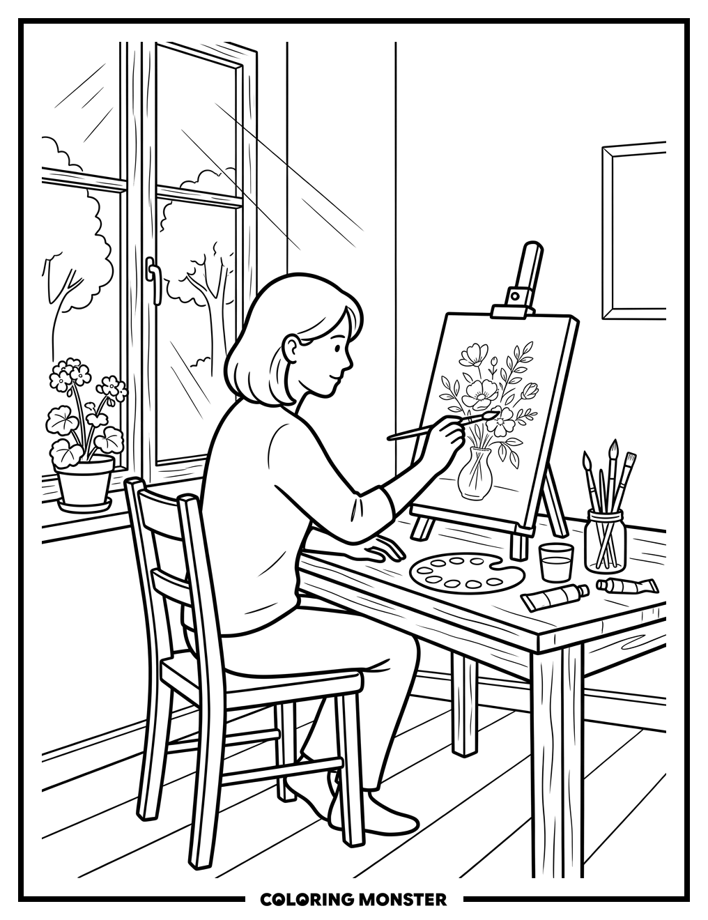 Woman Painting Flowers Coloring Page