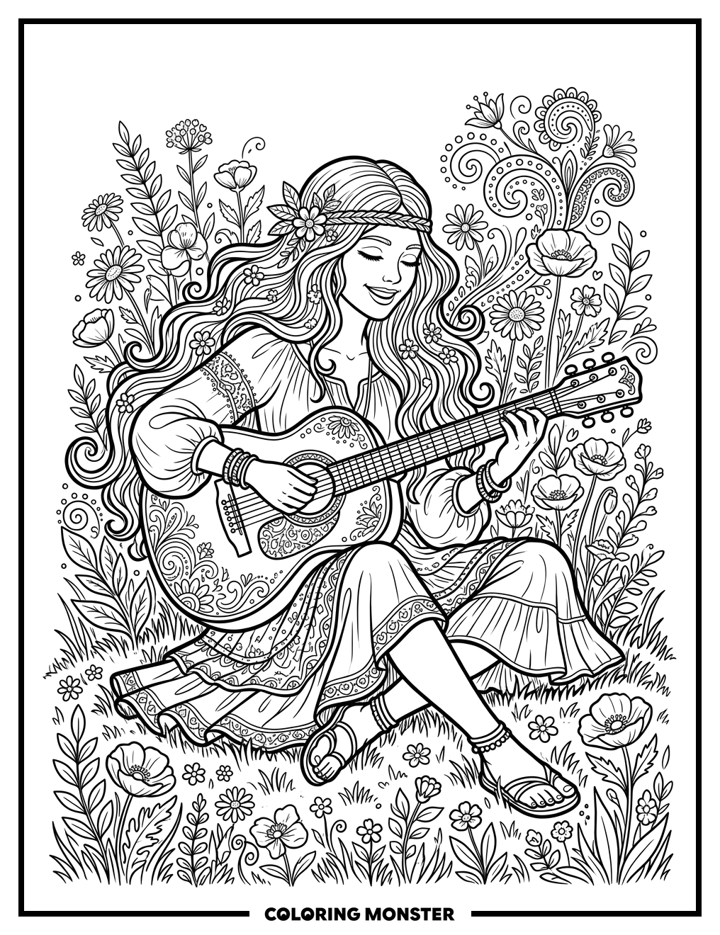 Woman Playing Guitar In Wildflowers Coloring Page