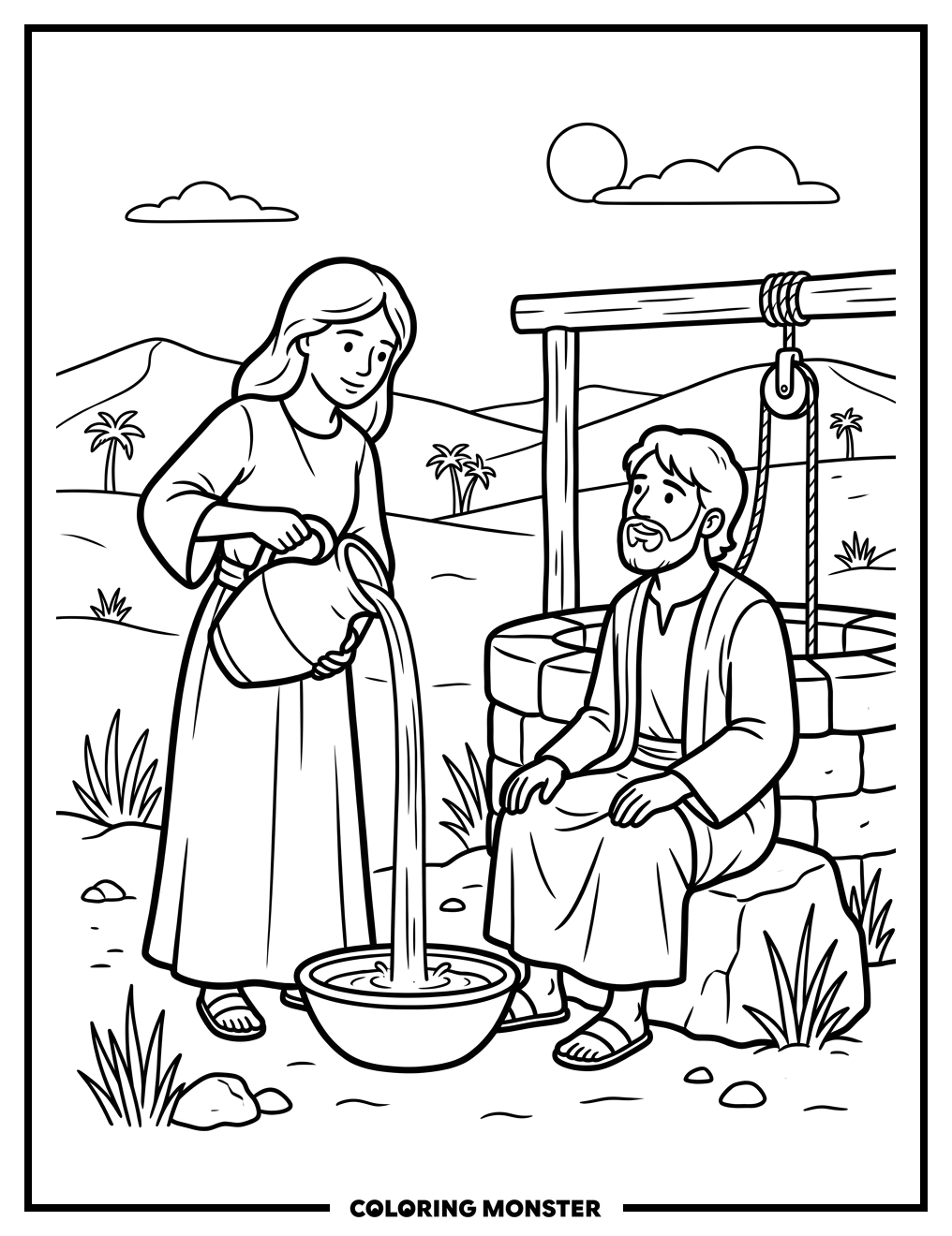 Woman Pours Water for Boy by Desert Well Coloring Page