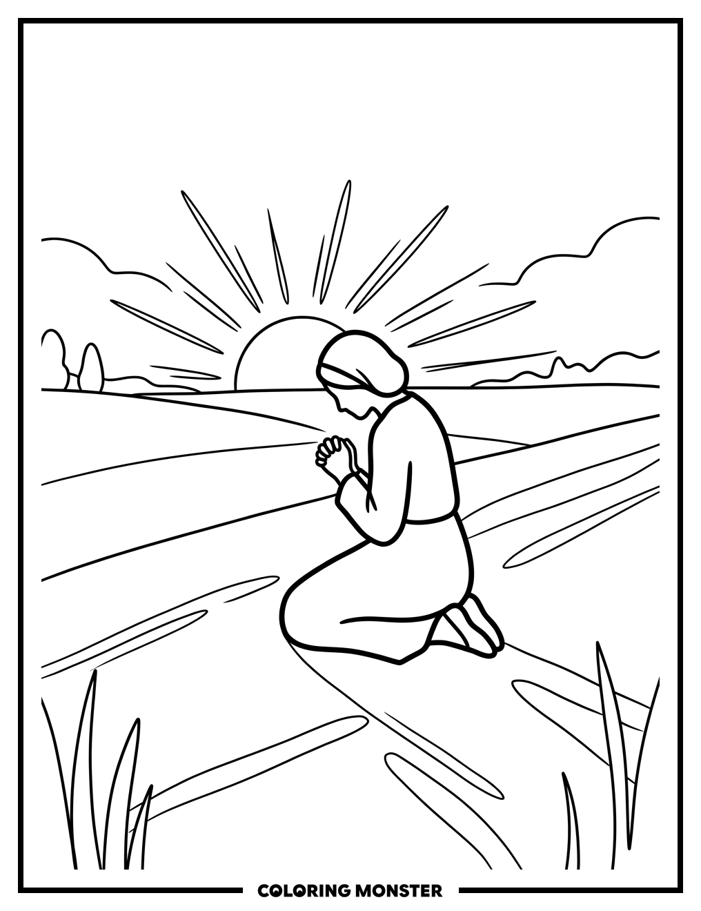 Woman Praying at Sunset Coloring Page
