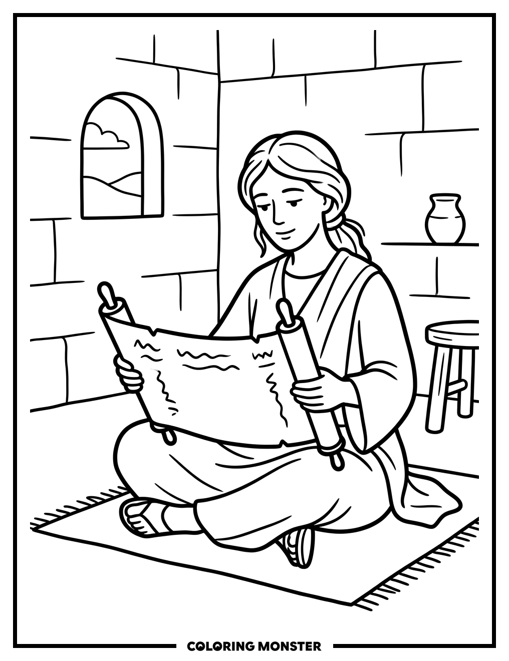 Woman Reading Ancient Scroll Coloring Page