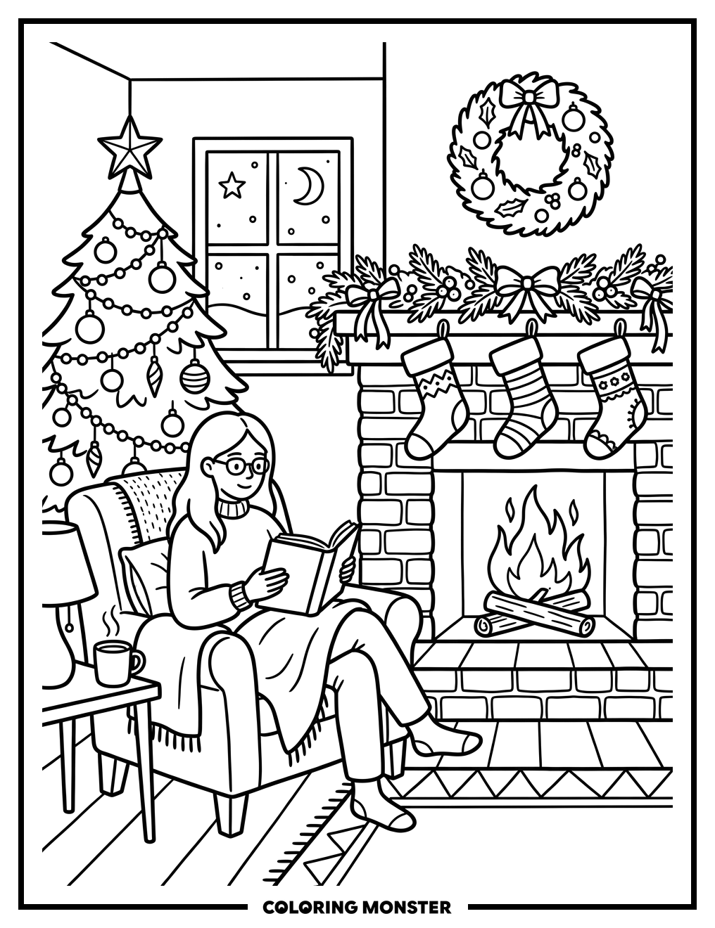 Woman Reading by Christmas Fireplace Coloring Page