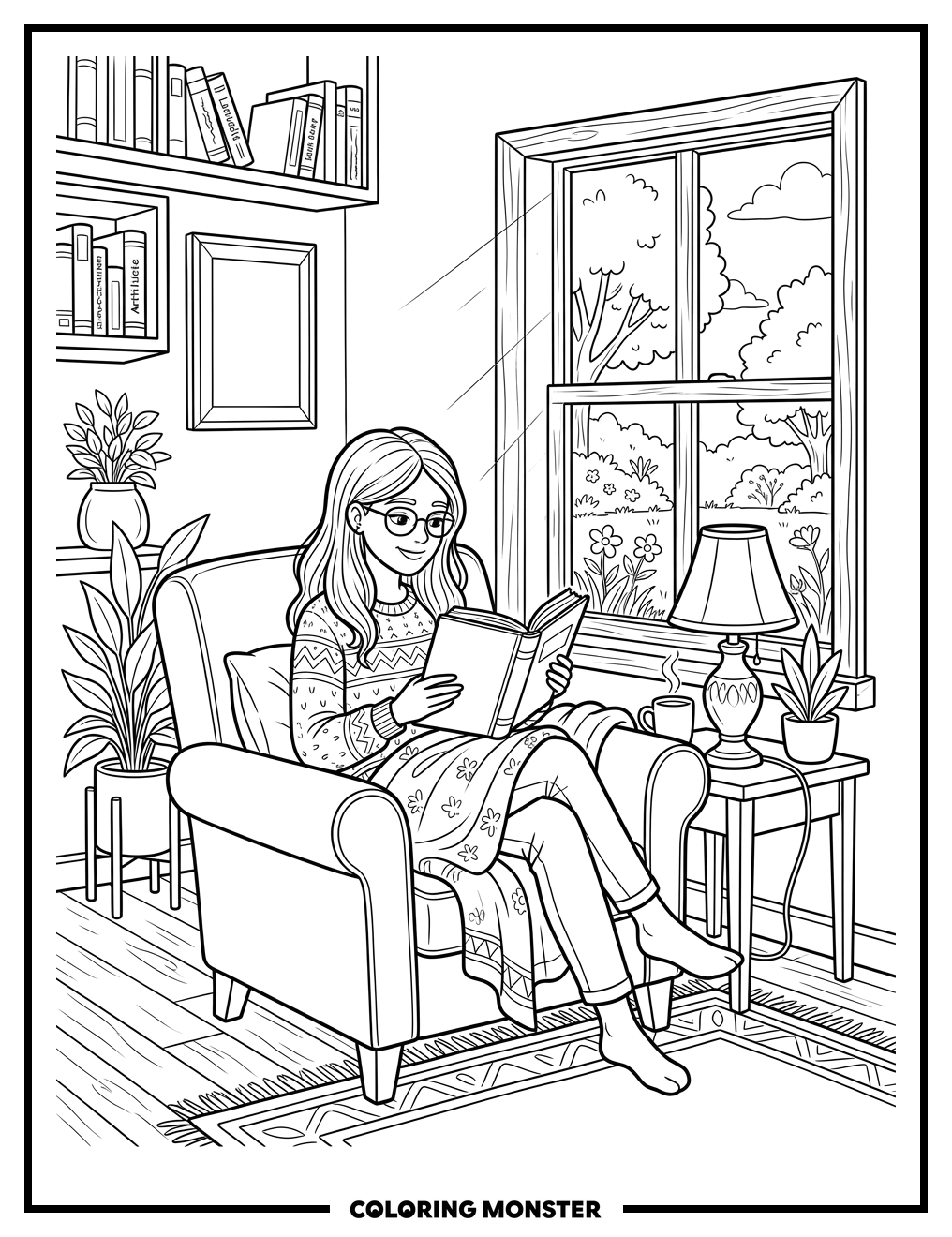 Woman Reading by Sunny Window Coloring Page