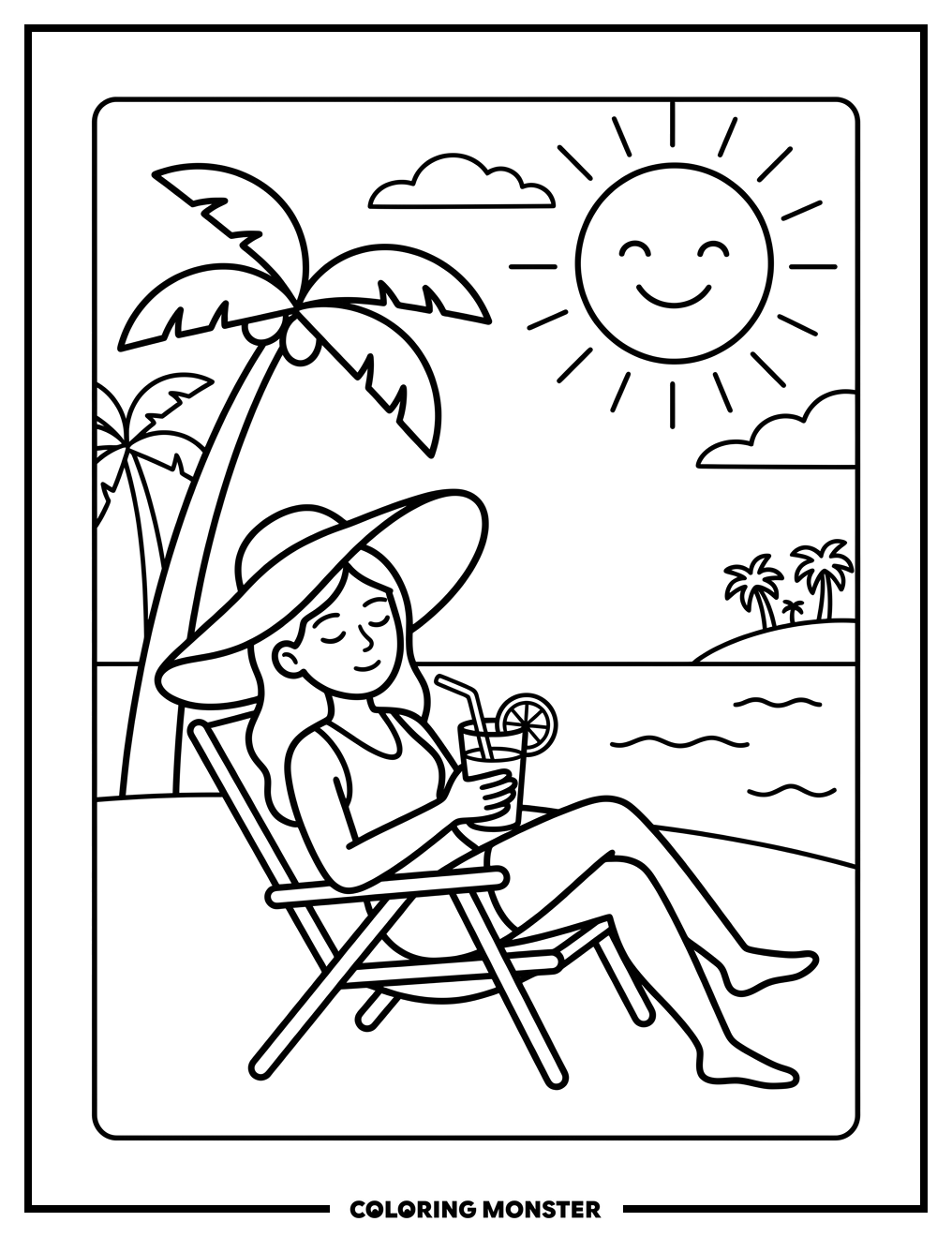 Woman Relaxing on a Beach Coloring Page