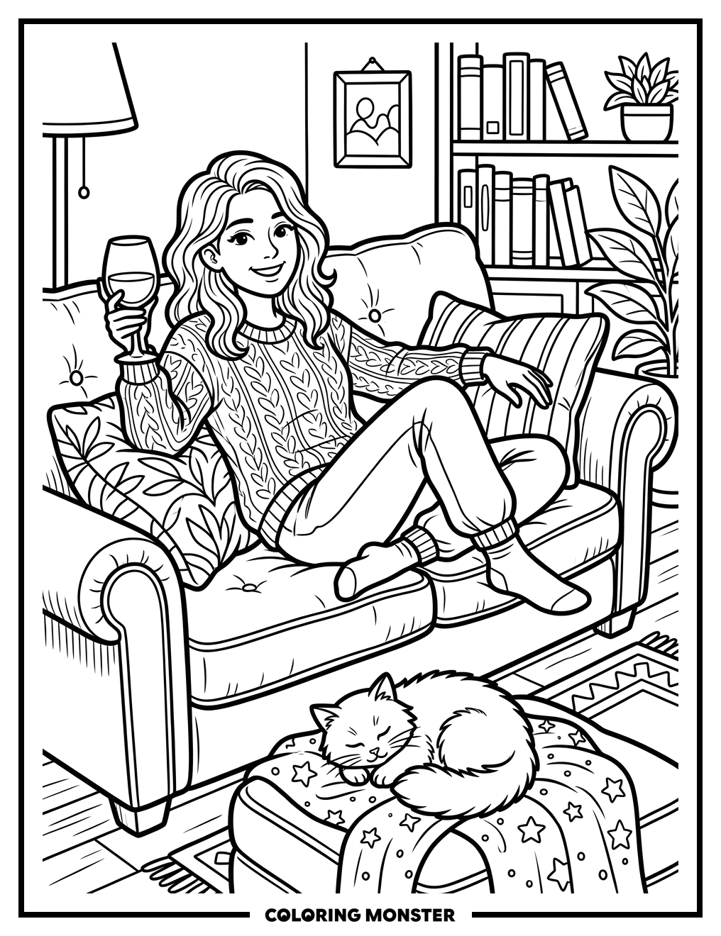 Woman Relaxing on Sofa with Cat Coloring Page