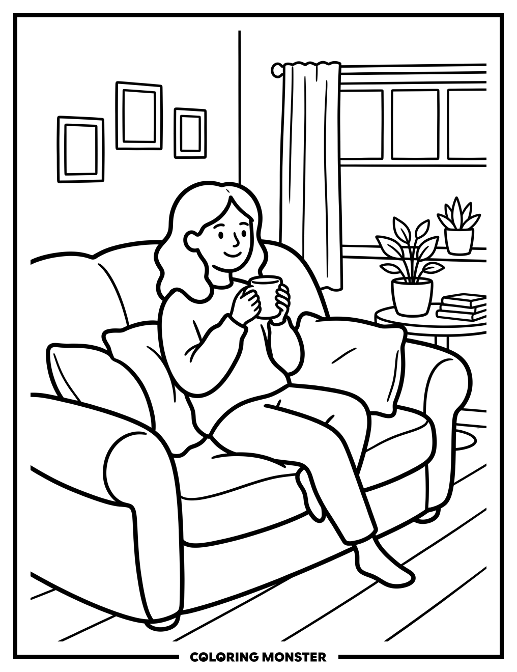 Woman Relaxing on Sofa With Mug Coloring Page