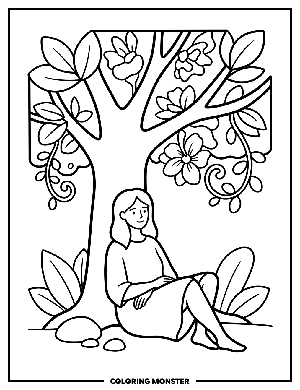 Woman Relaxing Under Stylized Tree Coloring Page