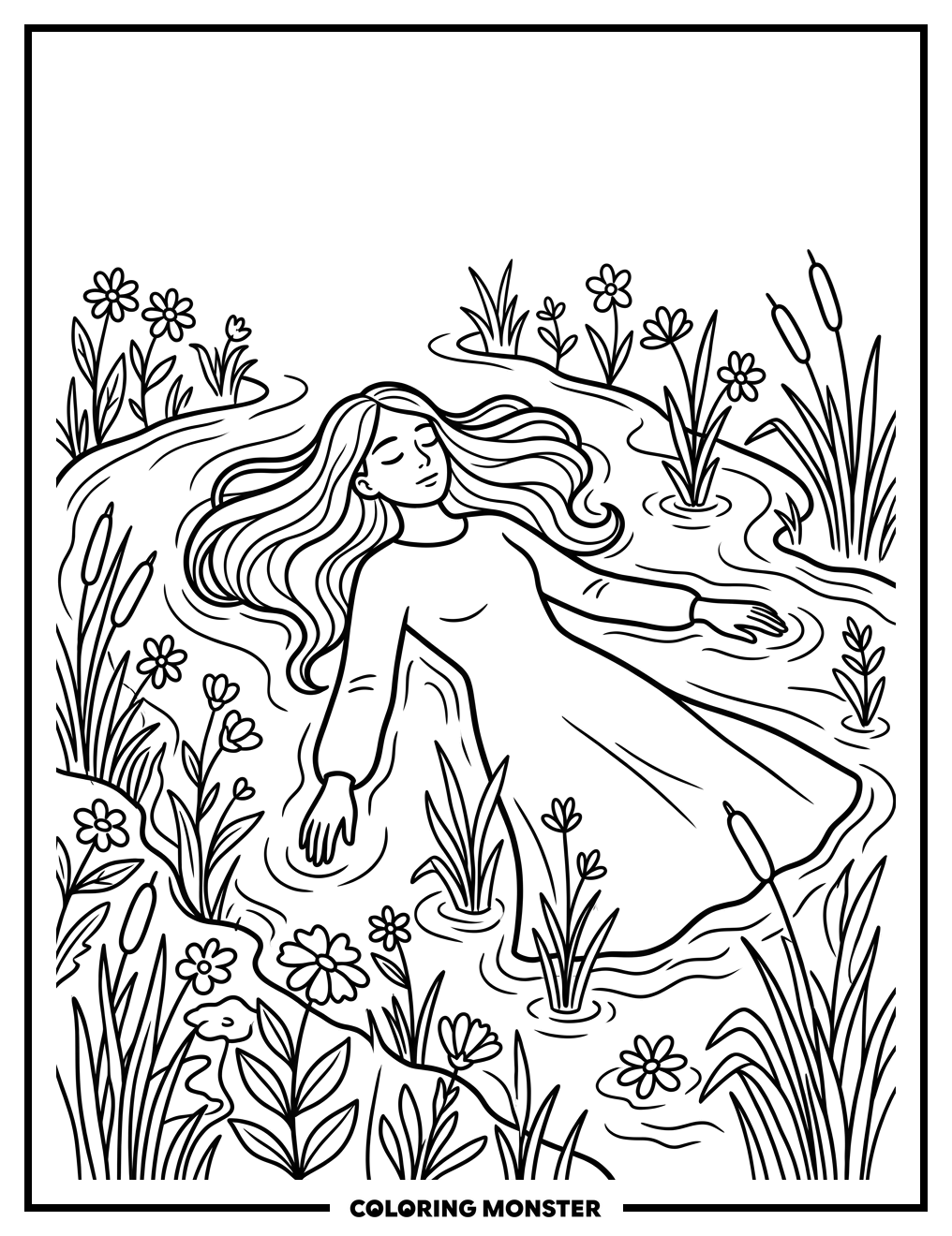Woman Resting in a Flower-Lined River Coloring Page