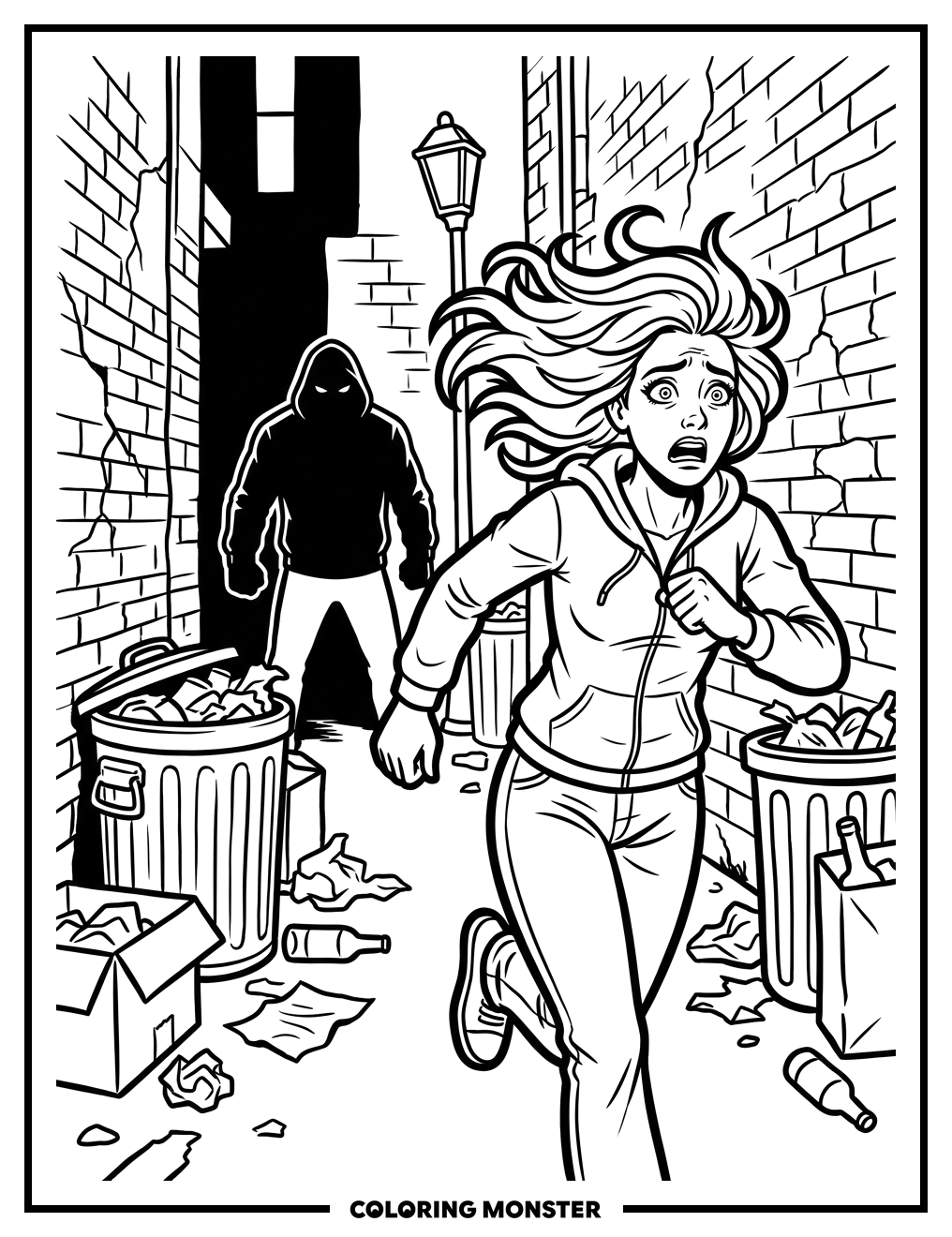 Woman Running From Alley Figure Coloring Page