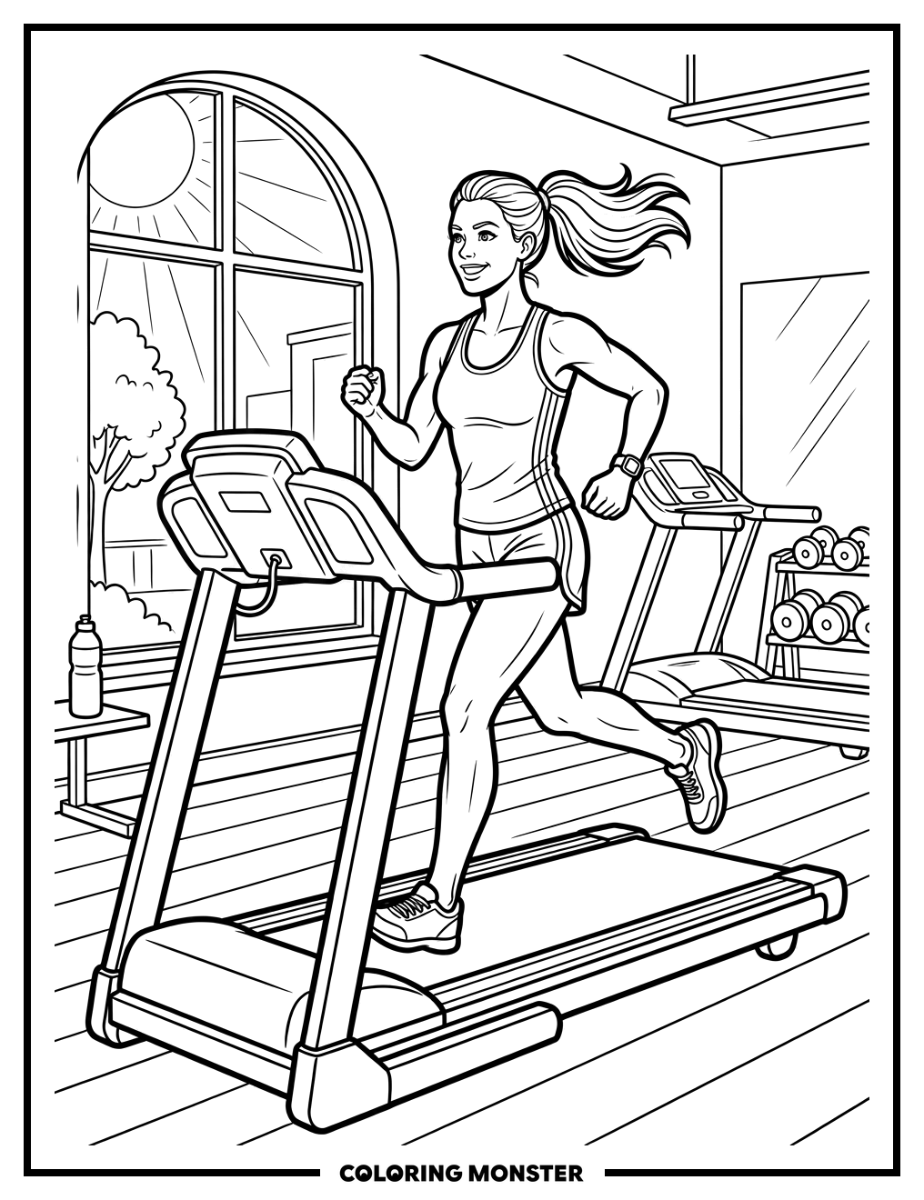 Woman Running on Treadmill Coloring Page