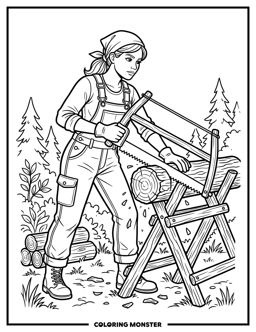 Woman Sawing a Log Coloring Page