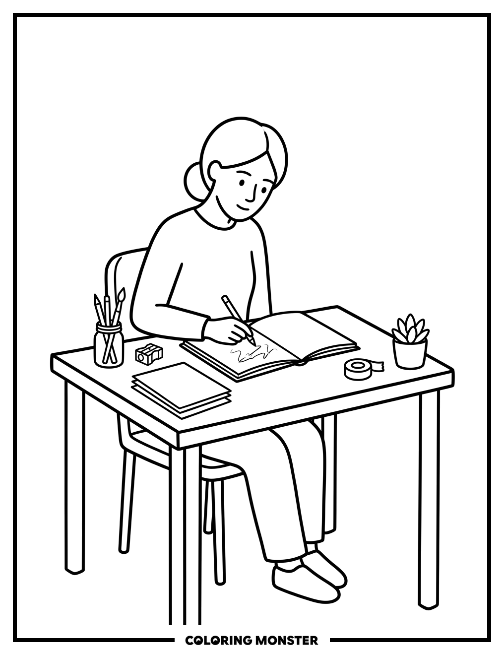 Woman Sketching at Desk Coloring Page