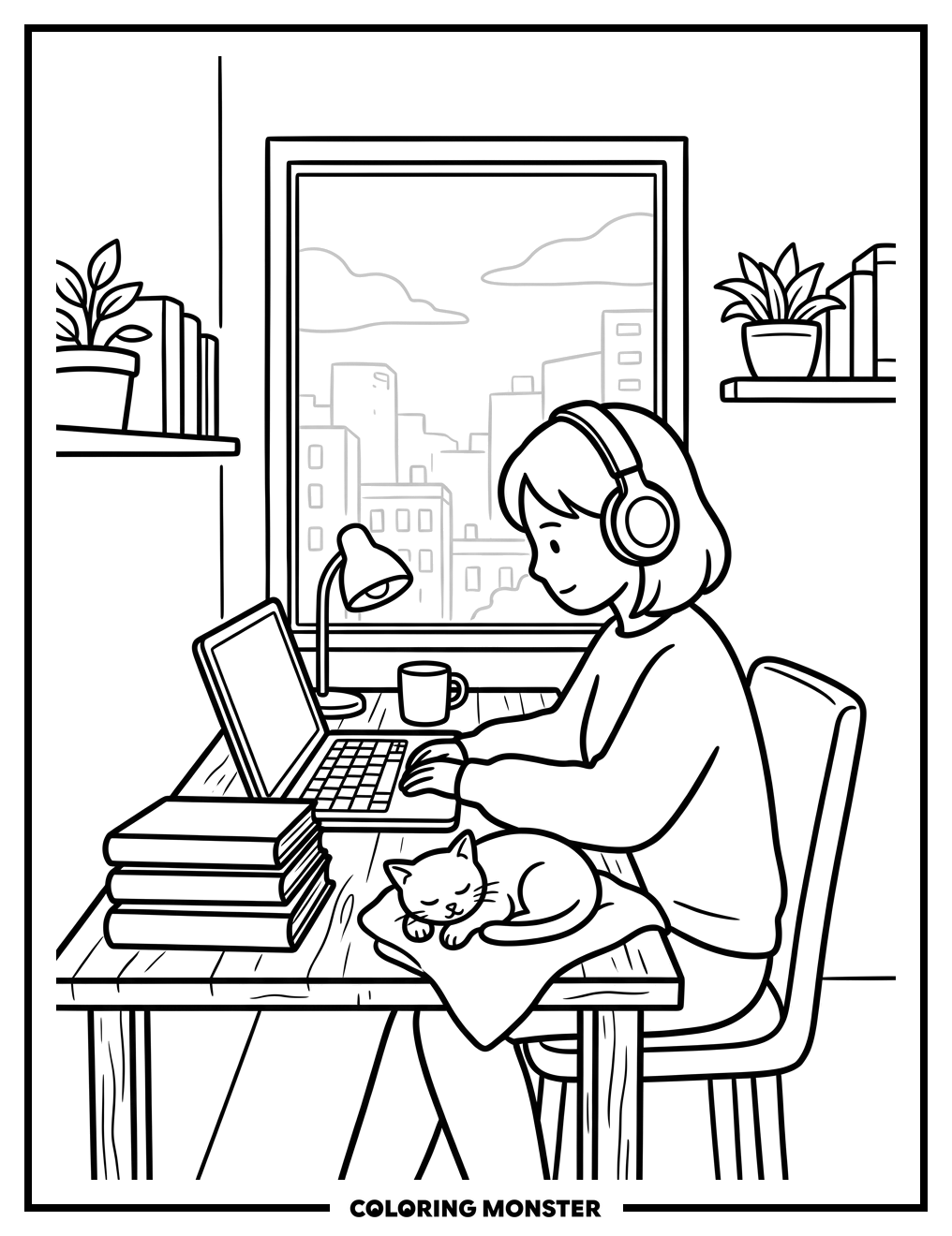 Woman Studying With Cat and City View Coloring Page
