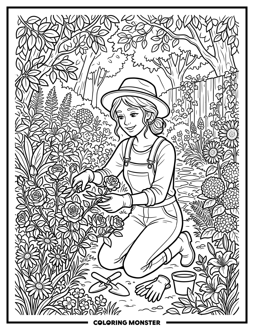 Woman Tending a Blooming Garden Coloring Page